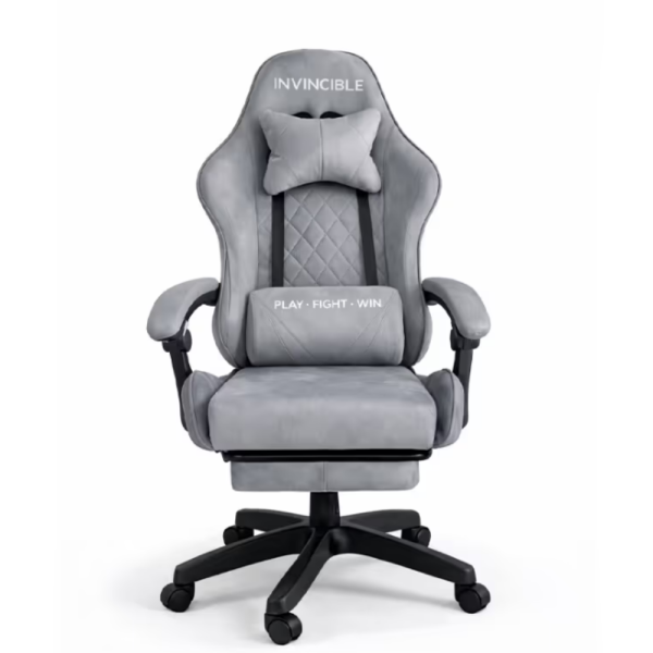 Сив геймърски стол с регулируема височина, лумбална възглавница и метална основа - подходящ за тинейджъри