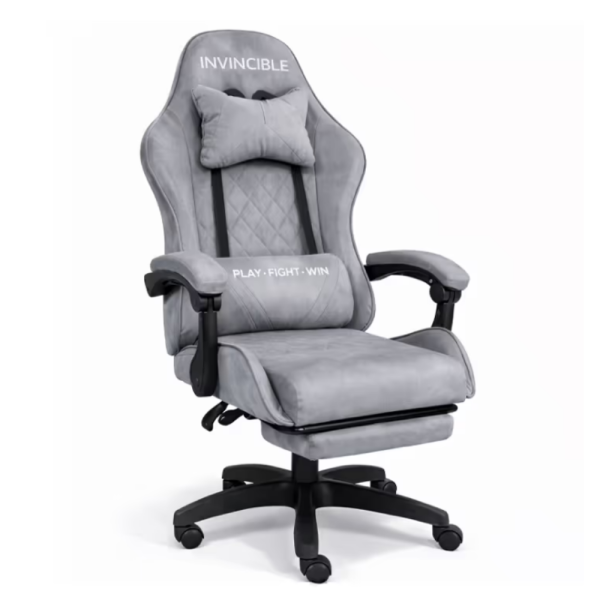 Сив геймърски стол с регулируема височина, лумбална възглавница и метална основа - подходящ за тинейджъри 8