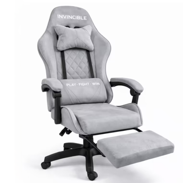 Сив геймърски стол с регулируема височина, лумбална възглавница и метална основа - подходящ за тинейджъри 4