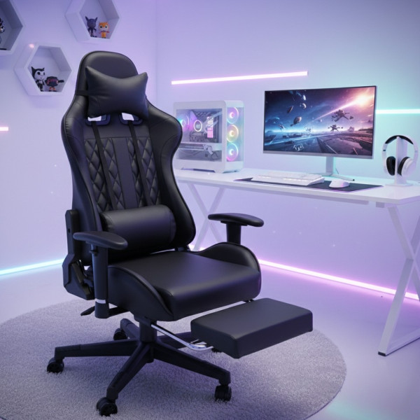 Геймърски стол с прибираща се подложка за крака и функция за масаж - черен 1