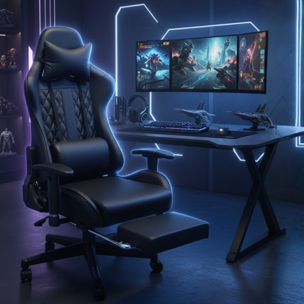 Геймърски стол с прибираща се подложка за крака и функция за масаж - черен 2