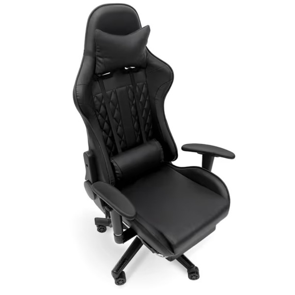 Геймърски стол с прибираща се подложка за крака и функция за масаж - черен