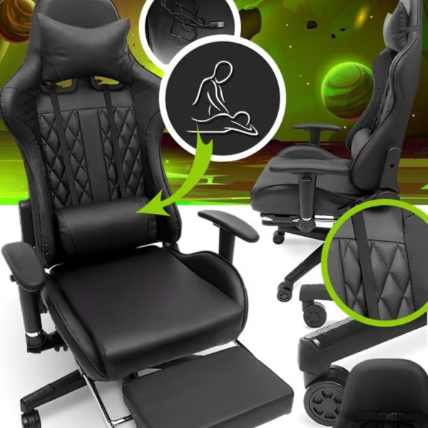 Геймърски стол с прибираща се подложка за крака и функция за масаж - черен 17