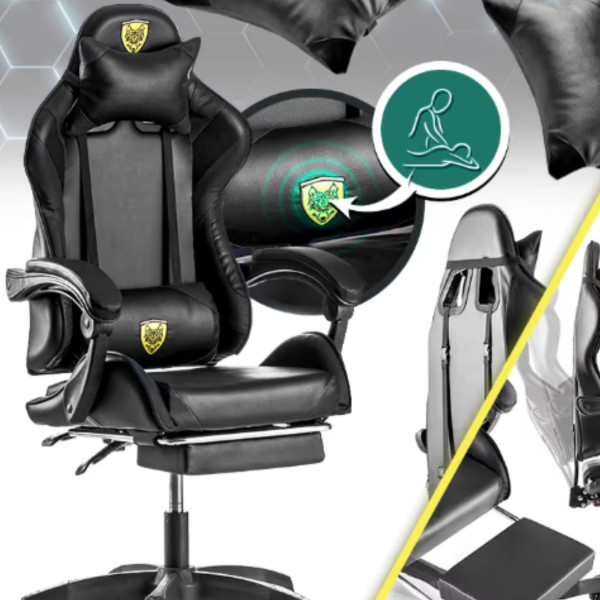 Черен геймърски стол с прибираща се поставка за крака – максимален комфорт при дълги часове игра