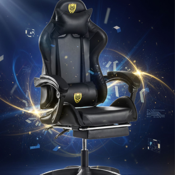 Черен геймърски стол с прибираща се поставка за крака – максимален комфорт при дълги часове игра