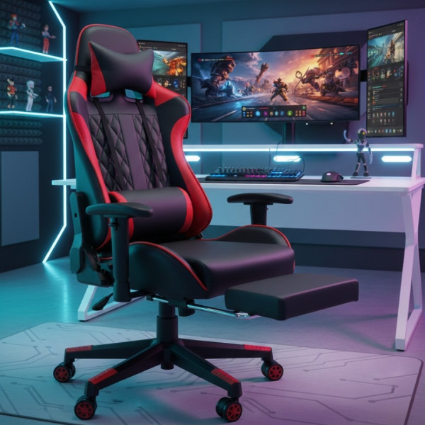 Ергономичен геймърски стол с функция за масаж и подложка за крака - червен 1