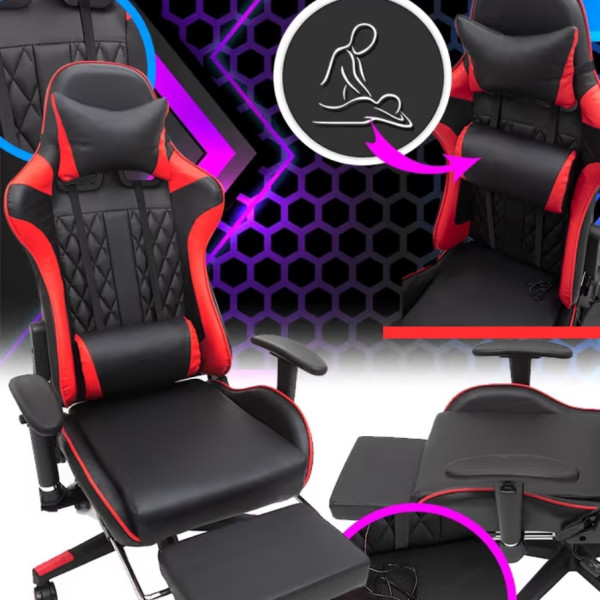 Ергономичен геймърски стол с функция за масаж и подложка за крака - червен 4