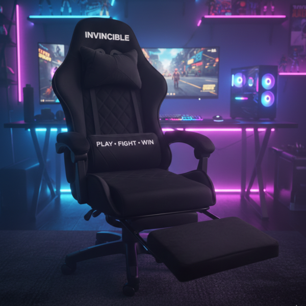 Черен геймърски стол с регулируема височина, лумбална възглавница и метална основа 1