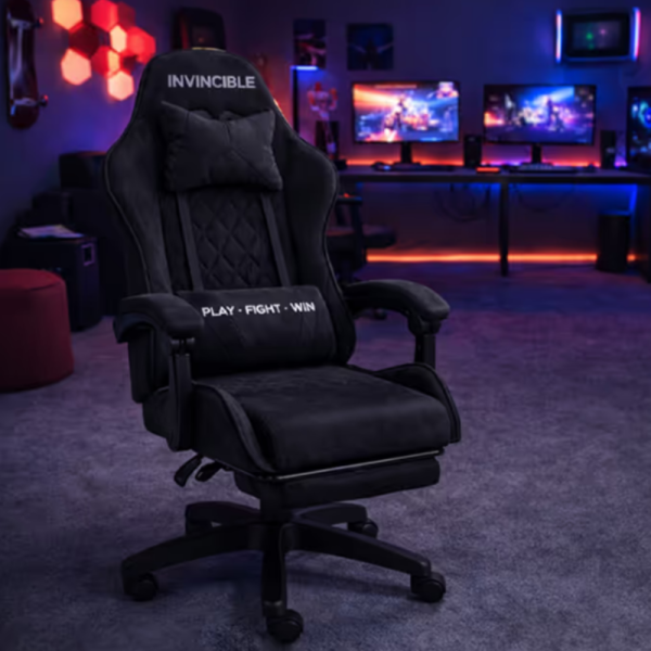 Черен геймърски стол с регулируема височина, лумбална възглавница и метална основа