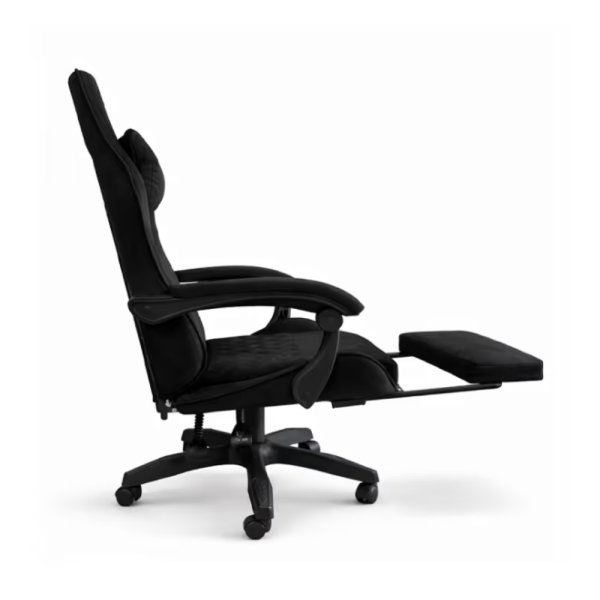 Черен геймърски стол с регулируема височина, лумбална възглавница и метална основа