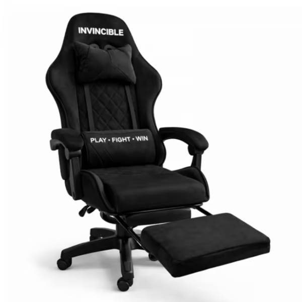 Черен геймърски стол с регулируема височина, лумбална възглавница и метална основа 8