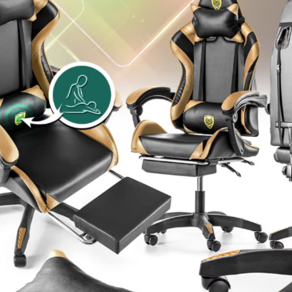 Черен геймърски стол с златисти акценти и разтегляема поставка за крака – луксозен комфорт без компромис