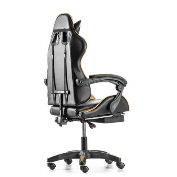 Черен геймърски стол с златисти акценти и разтегляема поставка за крака – луксозен комфорт без компромис