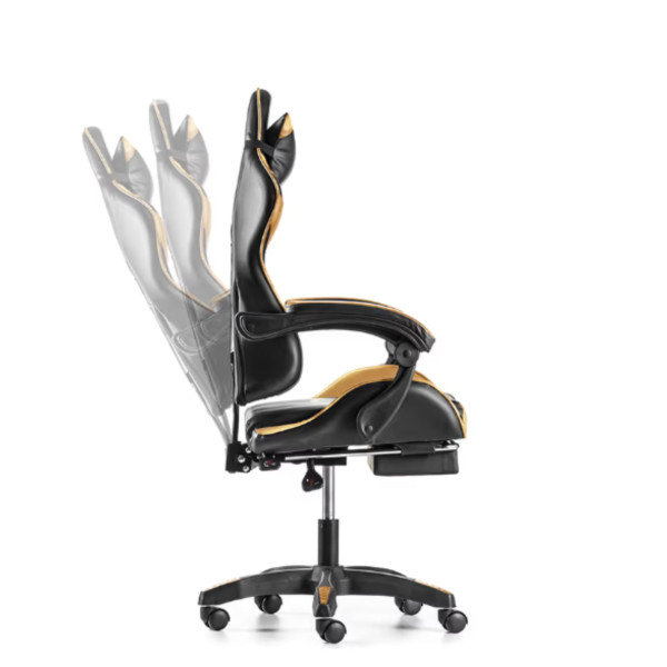 Черен геймърски стол с златисти акценти и разтегляема поставка за крака – луксозен комфорт без компромис