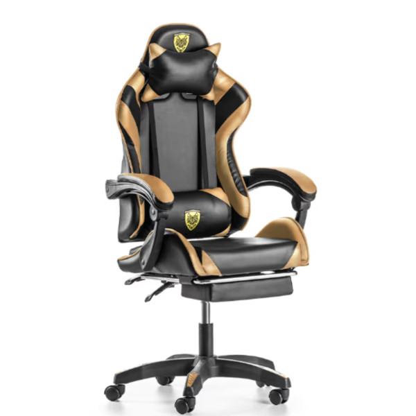 Черен геймърски стол с златисти акценти и разтегляема поставка за крака – луксозен комфорт без компромис 4