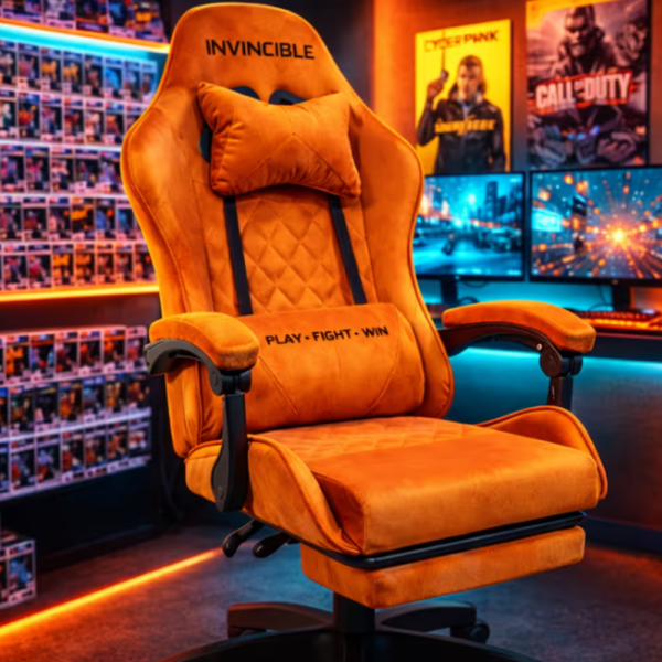 Оранжев велурен геймърски стол с поставка за крака – ергономичен, метална рамка - подходящ за тинейджъри