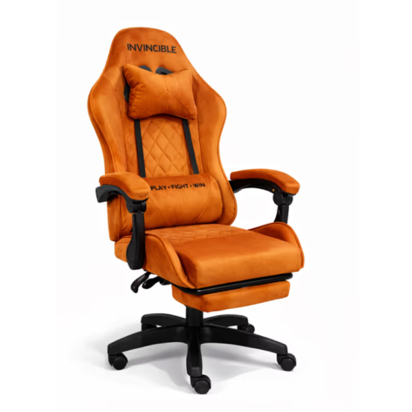 Оранжев велурен геймърски стол с поставка за крака – ергономичен, метална рамка - подходящ за тинейджъри