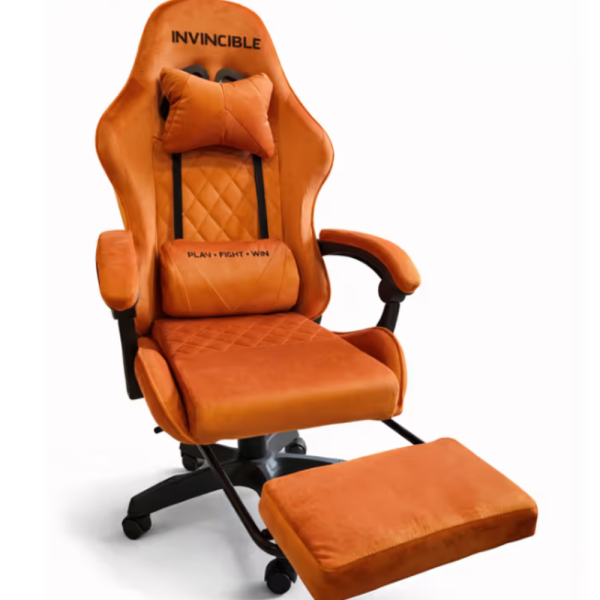 Оранжев велурен геймърски стол с поставка за крака – ергономичен, метална рамка - подходящ за тинейджъри