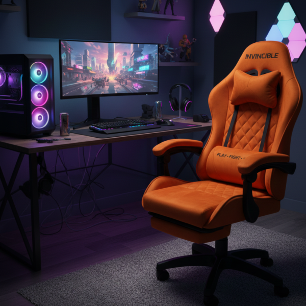 Оранжев велурен геймърски стол с поставка за крака – ергономичен, метална рамка - подходящ за тинейджъри