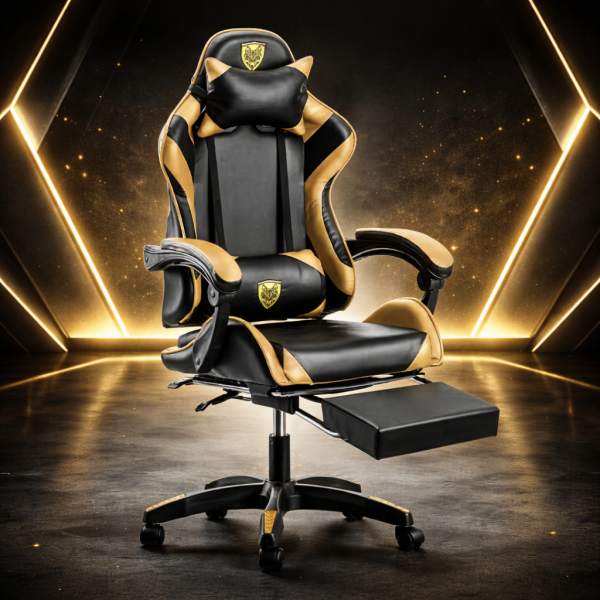 Черен геймърски стол с златисти акценти и разтегляема поставка за крака – луксозен комфорт без компромис