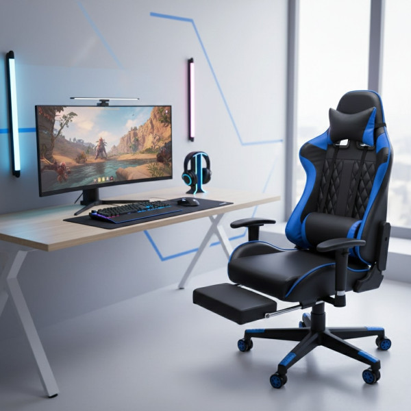 Геймърски стол за релакс с масаж и подложка за крака – син 1