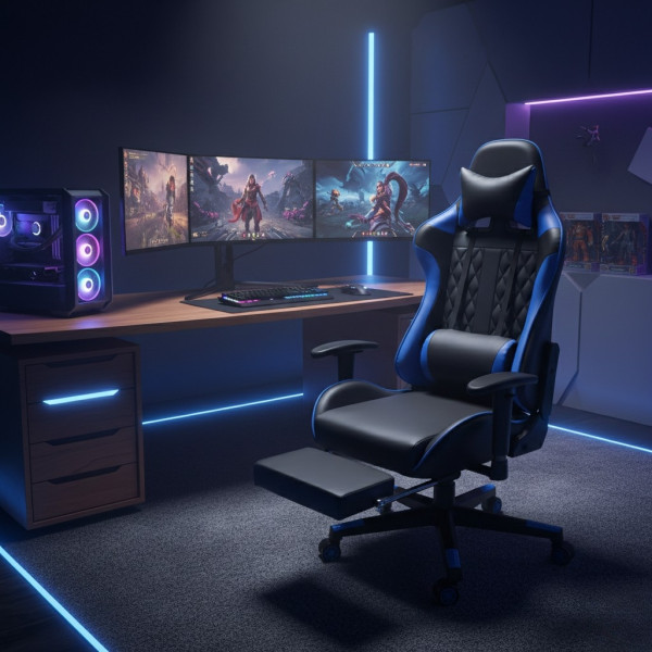Геймърски стол за релакс с масаж и подложка за крака – син