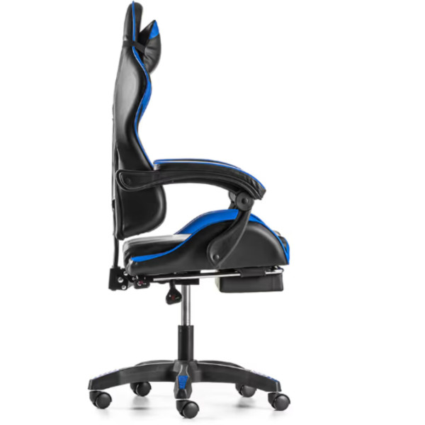 Геймърски стол с поставка за крака - подходящ за тинейджъри - черно-син, въртящ, с масажна функция и спортен дизайн