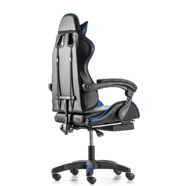 Геймърски стол с поставка за крака - подходящ за тинейджъри - черно-син, въртящ, с масажна функция и спортен дизайн 6