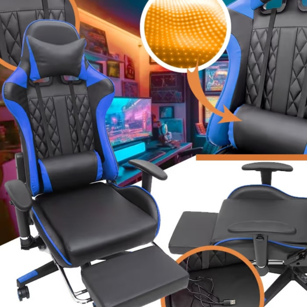 Геймърски стол за релакс с масаж и подложка за крака – син 3