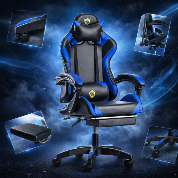 Геймърски стол с поставка за крака - подходящ за тинейджъри - черно-син, въртящ, с масажна функция и спортен дизайн