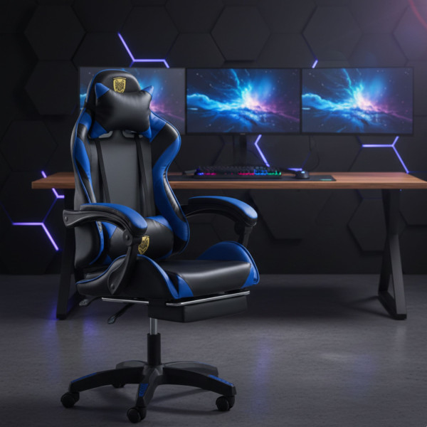 Геймърски стол с поставка за крака - подходящ за тинейджъри - черно-син, въртящ, с масажна функция и спортен дизайн 1