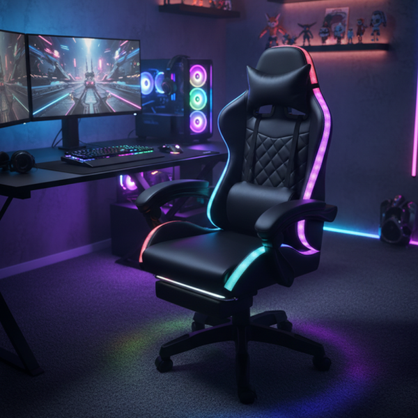 Черен геймърски стол с масаж, LED осветление и поставка за крака – ергономичен, с дистанционно 1