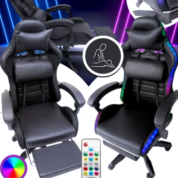 Черен геймърски стол с масаж, LED осветление и поставка за крака – ергономичен, с дистанционно 2
