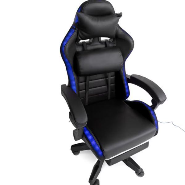 Черен геймърски стол с масаж, LED осветление и поставка за крака – ергономичен, с дистанционно