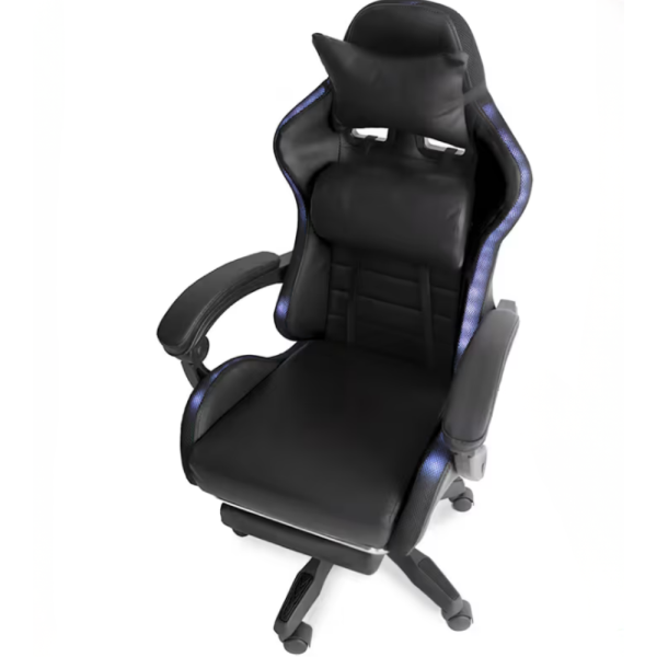 Черен геймърски стол с масаж, LED осветление и поставка за крака – ергономичен, с дистанционно 4