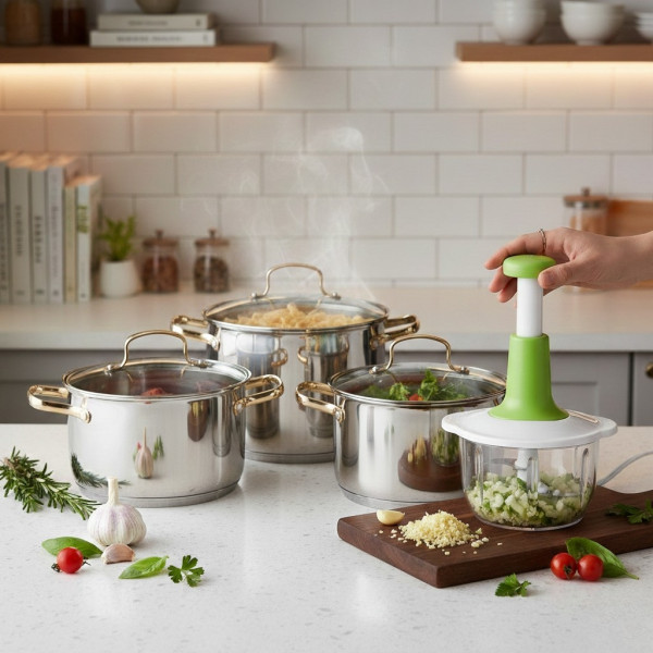 Комплект тенджери с елегантни златисти дръжки DJ24 + Подарък Ръчен чопър KN3 1