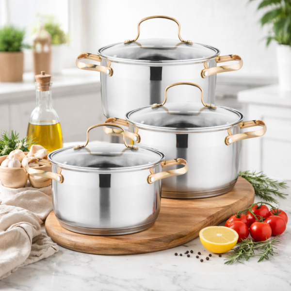 Комплект тенджери с елегантни златисти дръжки DJ24 + Подарък Ръчен чопър KN3