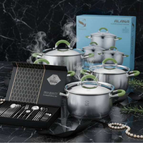 Комплект тенджери Swisgold Alana с 5-слойно капсулно дъно DJ11 + Подарък луксозен комплект прибори за хранене от 24 части KN2 1