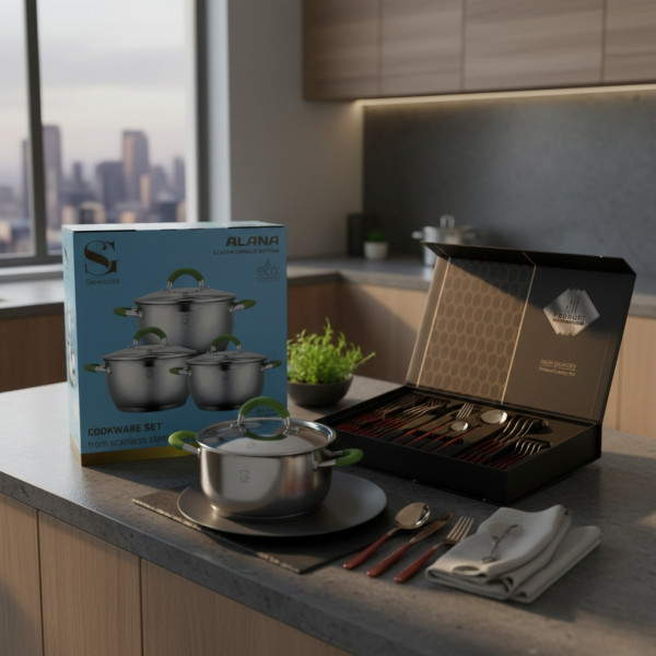 Комплект тенджери Swisgold Alana с 5-слойно капсулно дъно DJ11 + Подарък луксозен комплект прибори за хранене от 24 части KN2