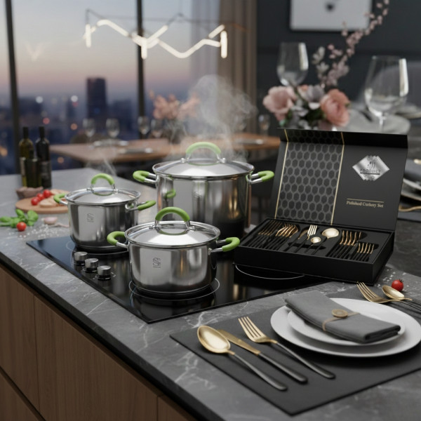 Комплект тенджери Swisgold Alana с 5-слойно капсулно дъно DJ11 + Подарък луксозен комплект прибори за хранене от 24 части KN2 13