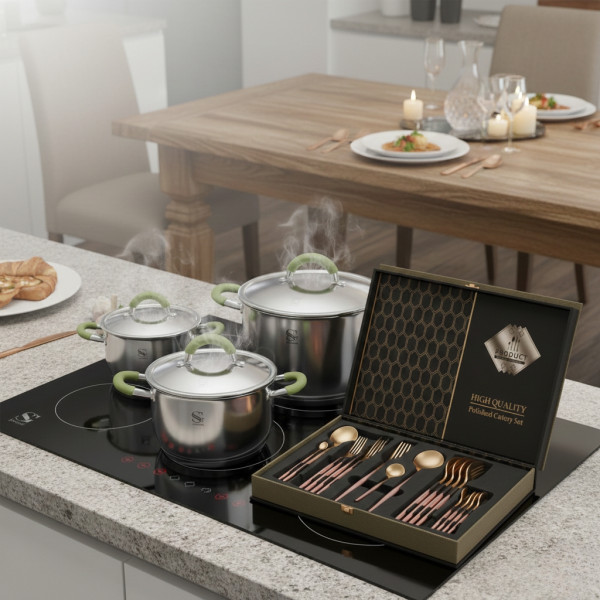 Комплект тенджери Swisgold Alana с 5-слойно капсулно дъно DJ11 + Подарък луксозен комплект прибори за хранене от 24 части KN2