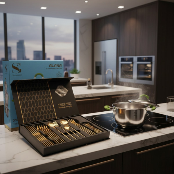 Комплект тенджери Swisgold Alana с 5-слойно капсулно дъно DJ11 + Подарък луксозен комплект прибори за хранене от 24 части KN2