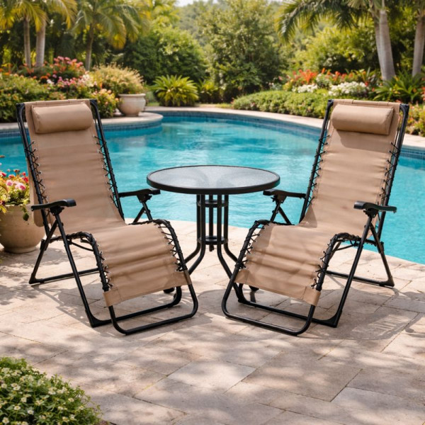 Комплект за релаксация на открито: 2 сгъваеми шезлонга с нулева гравитация CHAIR3 и стилна масичка за кафе CPM3