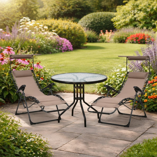 Комплект за релаксация на открито: 2 сгъваеми шезлонга с нулева гравитация CHAIR3 и стилна масичка за кафе CPM3