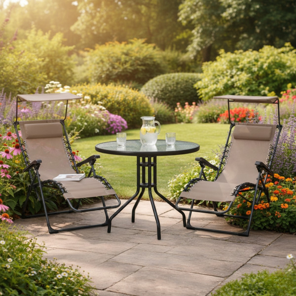 Комплект за релаксация на открито: 2 сгъваеми шезлонга с нулева гравитация CHAIR3 и стилна масичка за кафе CPM3 4