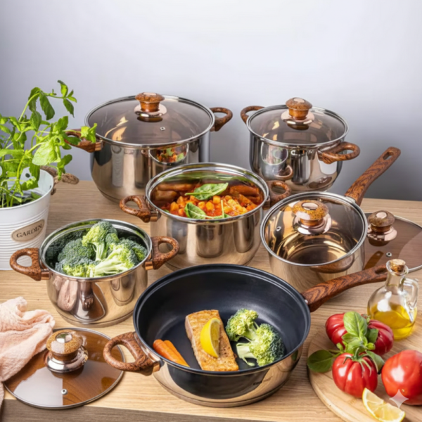 Комплект съдове за готвене от 12 части – Неръждаема стомана, равномерно нагряване и лесна поддръжка