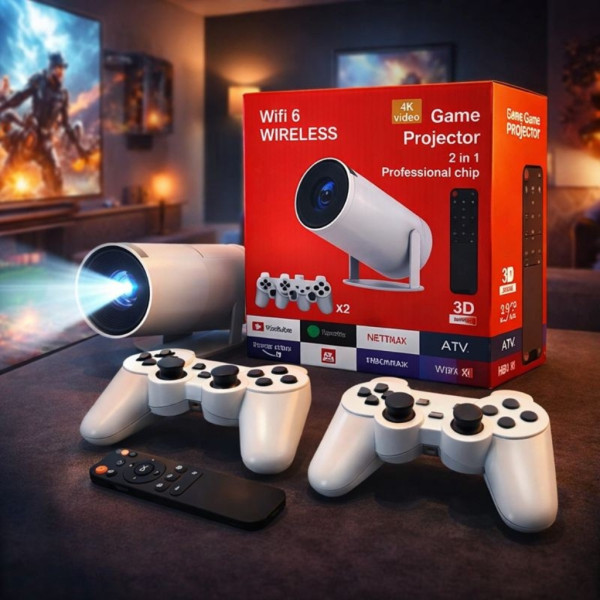 Интелигентен видео проектор 4K с два геймпада, дистанционно управление, Android TV 11 и WiFi 6