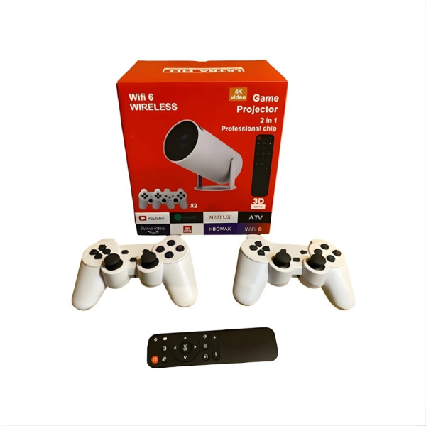 Интелигентен видео проектор 4K с два геймпада, дистанционно управление, Android TV 11 и WiFi 6