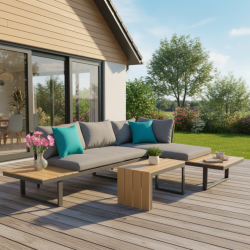 Градински комплект KANZA - модулен ъглов диван от алуминий с удобни възглавници и маса