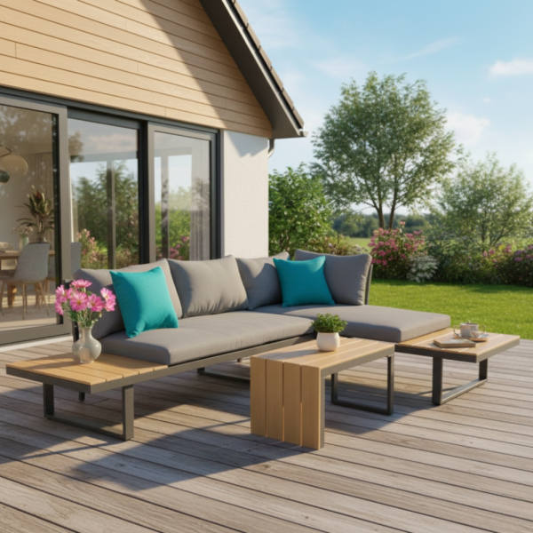 Градински комплект KANZA - модулен ъглов диван от алуминий с удобни възглавници и маса